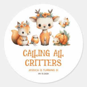 Calling All Critters Woodland Fall Kids' Birthday Classic Round Sticker
