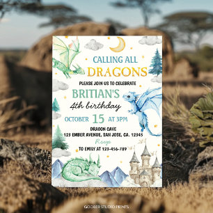 Calling All Dragon Cute Boy Birthday Watercolor Invitation