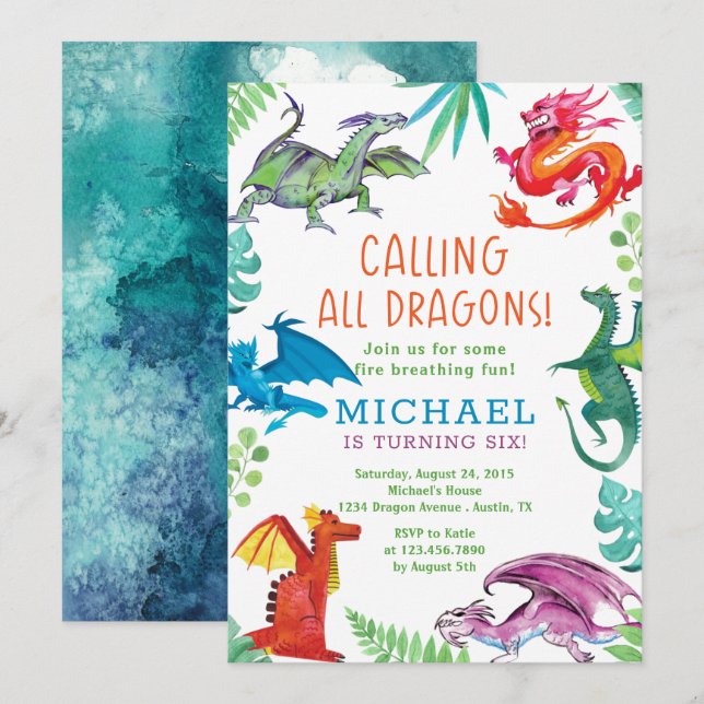 Calling all dragons birthday party invitation (Front/Back)