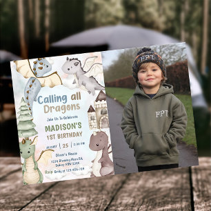 Calling All Dragons Watercolor 1st Birthday Photo  Invitation