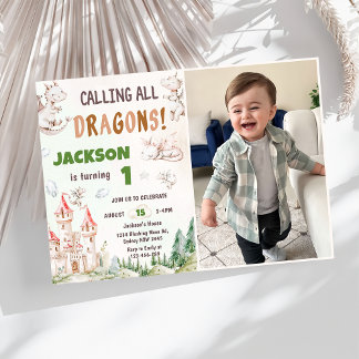 Calling All Dragons Watercolor 1st Birthday Photo Invitation