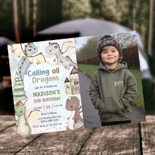 Calling All Dragons Watercolor 2nd Birthday Photo Invitation