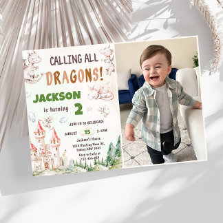 Calling All Dragons Watercolor 2nd Birthday Photo Invitation
