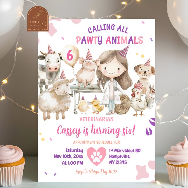 Calling All Farm Animals Vet Birthday Girl Invitation (Creator Uploaded)