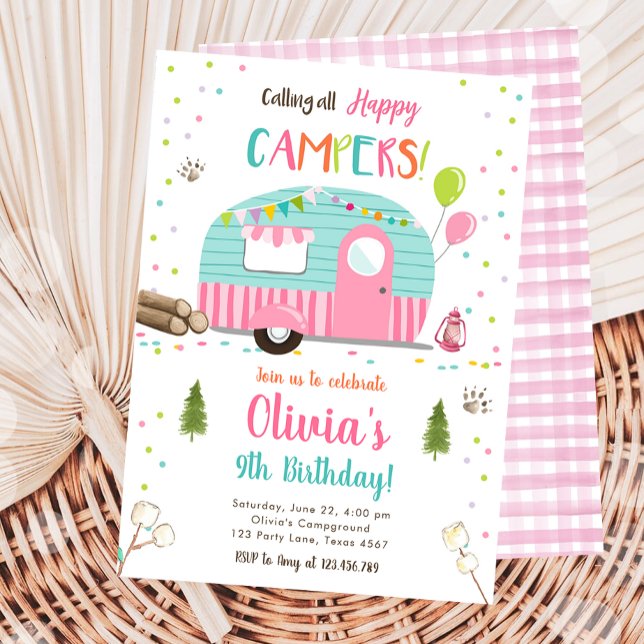 Calling All Happy Campers Camping Girl Birthday Invitation (Creator Uploaded)