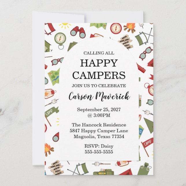 Calling All Happy Campers Kids Birthday Invitation (Front)