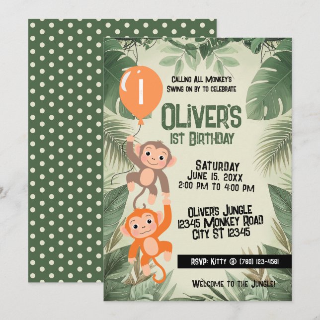 Calling All Monkeys 1st Birthday Invitation  (Front/Back)