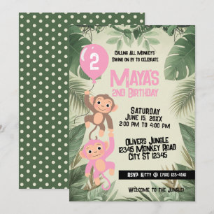 Calling All Monkeys 2nd Birthday Invitation (pink)