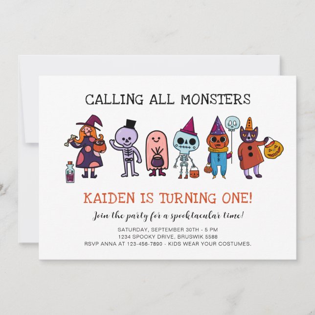 Calling All Monster Halloween 1st Birthday Party Invitation (Front)