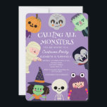 Calling all monster Halloween Birthday party Invitation<br><div class="desc">Cute Spooktacular Costume Kids Halloween Birthday Party Invitation
Cute halloween costume party invitation template card featuring illustration of kids in costumes (bat,  ghost,  and vampire, mummy, monster). The text above says "Join us if you dare for a Spooktacular Halloween Party.</div>