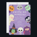 Calling all monster Halloween Birthday party Invitation<br><div class="desc">Cute Spooktacular Costume Kids Halloween Birthday Party Invitation
Cute halloween costume party invitation template card featuring illustration of kids in costumes (bat,  ghost,  and vampire, mummy, monster). The text above says "Join us if you dare for a Spooktacular Halloween Party.</div>