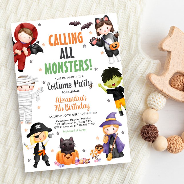 Calling All Monsters Costume Halloween Birthday Invitation (Spooky Costume Halloween Birthday Invitation)