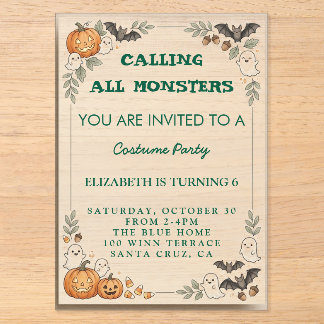 Calling All Monsters Kids Halloween Birthday Costu Acrylic Invitations