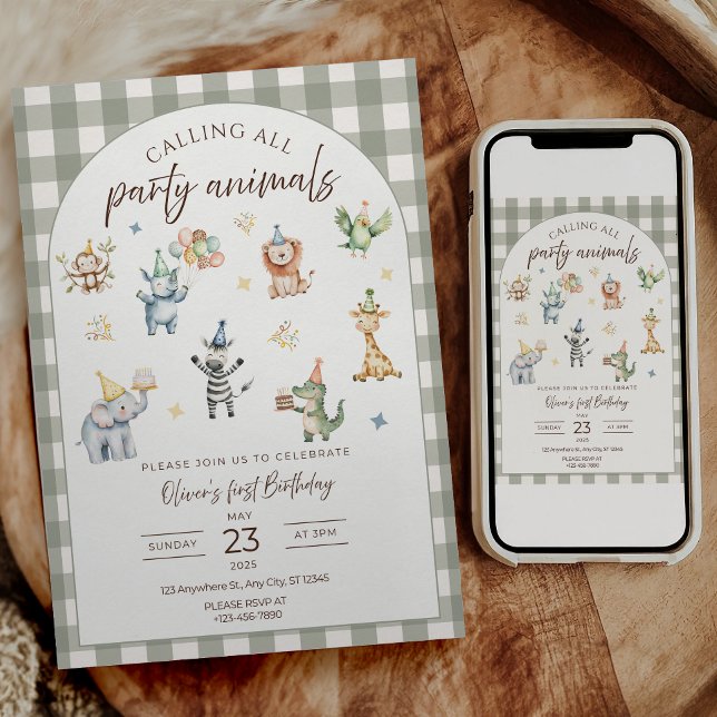 Calling all Party Animals Birthday Invitation  (Wild One first birthday parties
Safari birthday celebrations
Jungle animal themed birthdays
Baby boy)