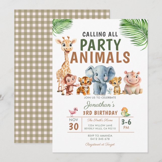 Calling All Party Animals Birthday Safari Party Invitation (Front/Back)