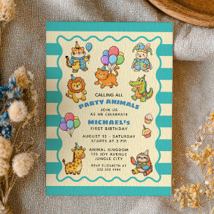 Calling All Party Animals Blue ZOO First Birthday  Invitation