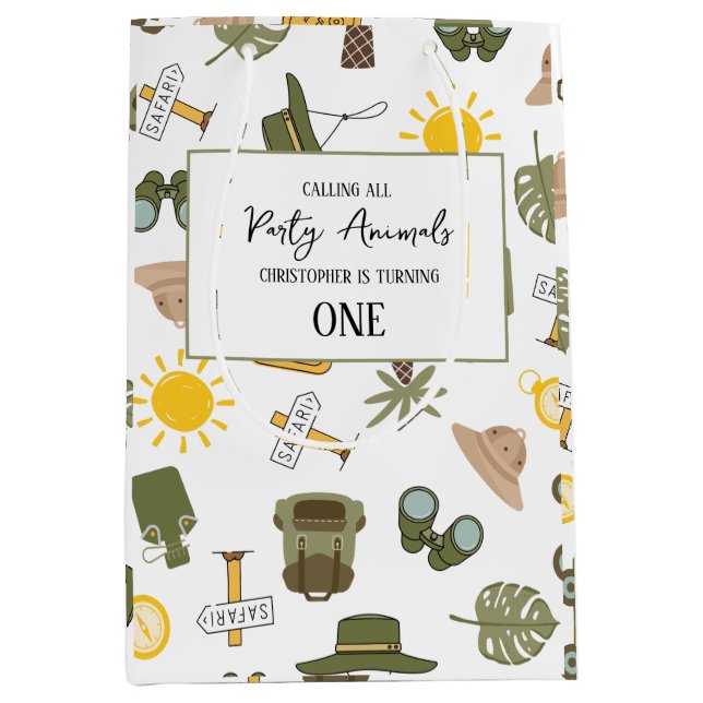 Calling All Party Animals Boy Safari Birthday Medium Gift Bag (Front)