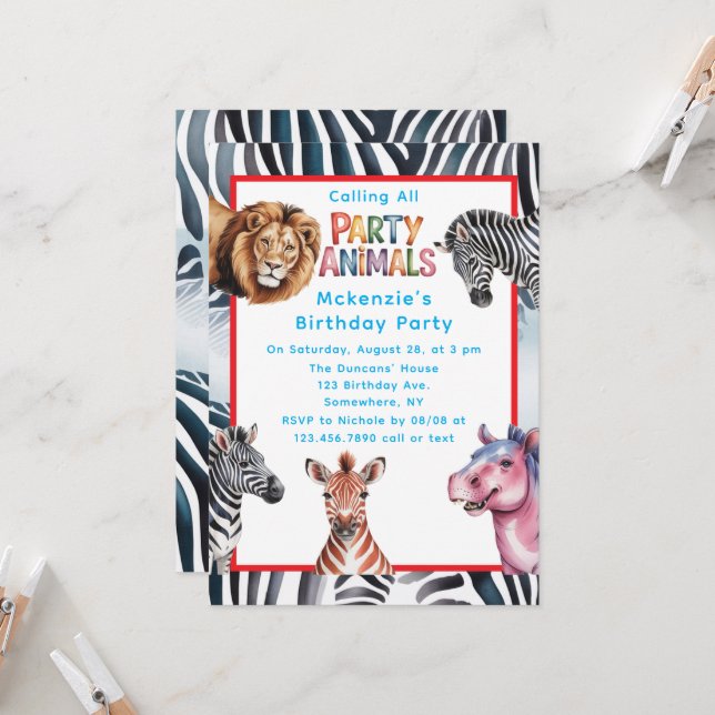 Calling All Party Animals Boys’ Birthday Party Invitation (Front/Back In Situ)