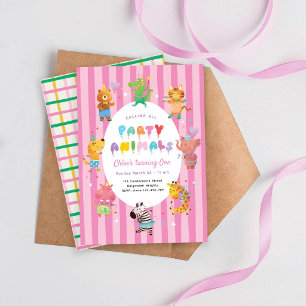 Calling All Party Animals, Cute Animals Girls Pink Invitation