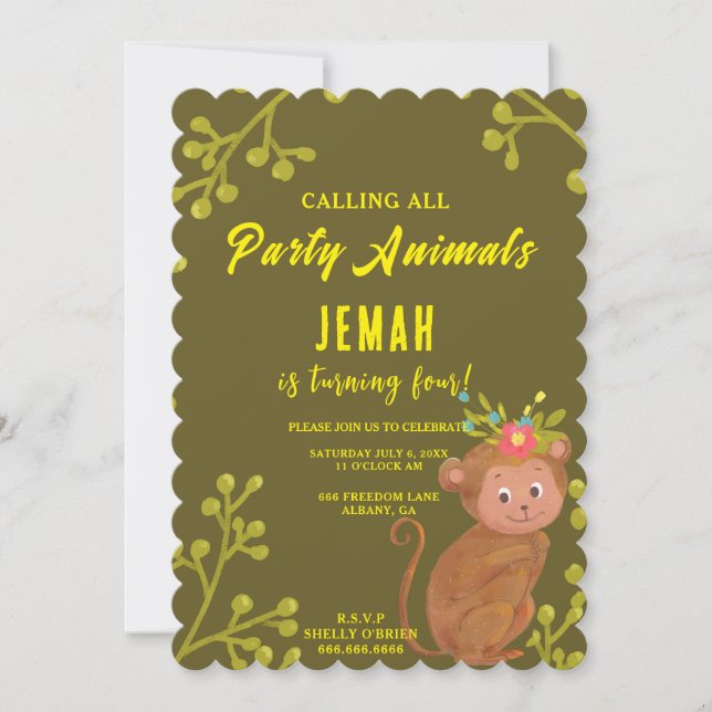 Calling All Party Animals Cute Monkey Birthday Invitation (Front)
