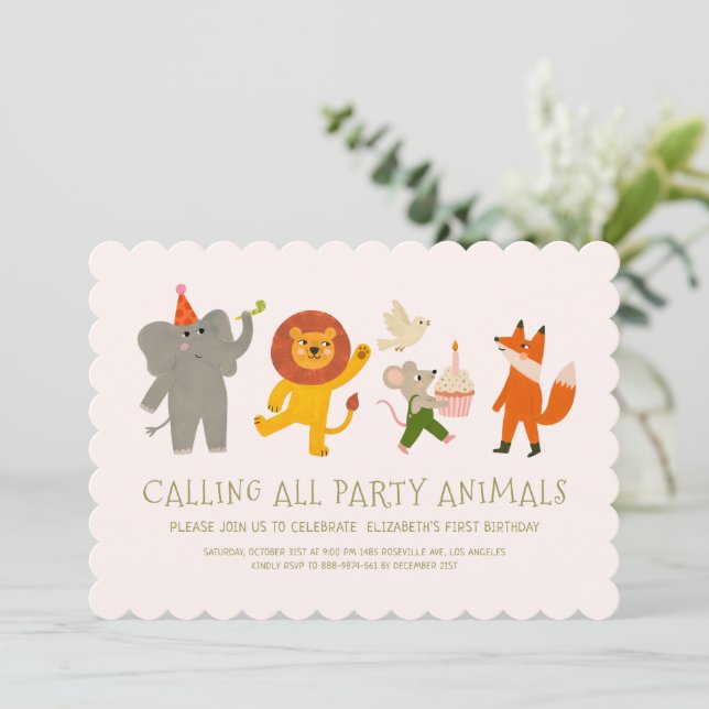 Calling All Party Animals First Birthday Invitation (Standing Front)