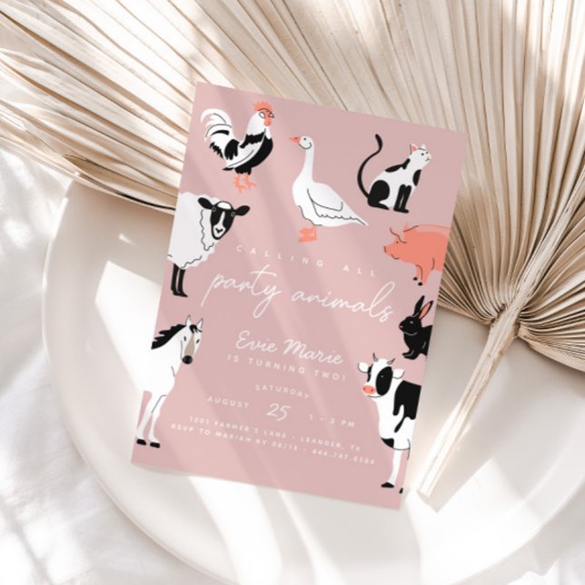 Calling All Party Animals | Kids Farm Animals Invitation (Calling All Party Animals! Modern pink invitation.)