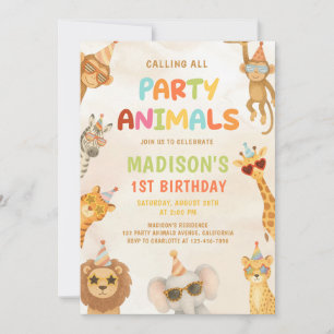 Calling All Party Animals Safari 1st Birthday Invitation