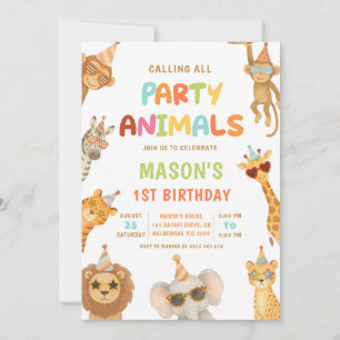 Calling All Party Animals Safari 1st Birthday Invitation