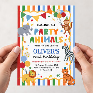 Calling All Party Animals Safari Boy 1st Birthday Invitation