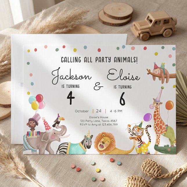 Calling All Party Animals Safari Joint Birthday Invitation (Creator Uploaded)