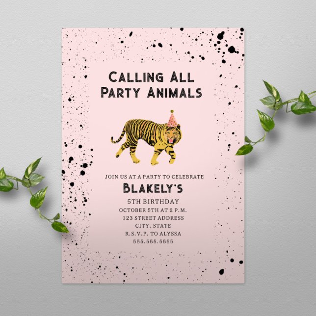 Calling All Party Animals Tiger Pink Birthday Invitation (Creator Uploaded)