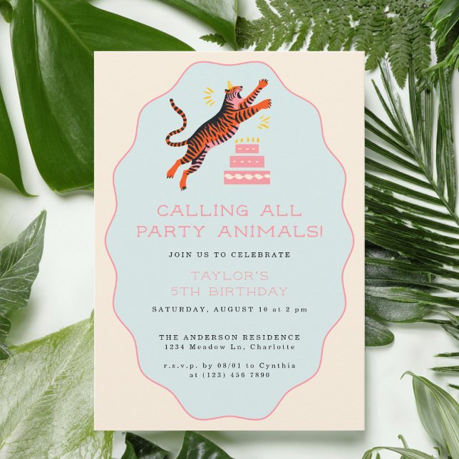 Calling All Party Animals Tiger Pink Kids Birthday Invitation (Creator Uploaded)