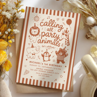 Calling All Party Animals ZOO Brown 1st Birthday Invitation