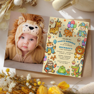 Calling All Party Animals Zoo First Birthday Photo Invitation
