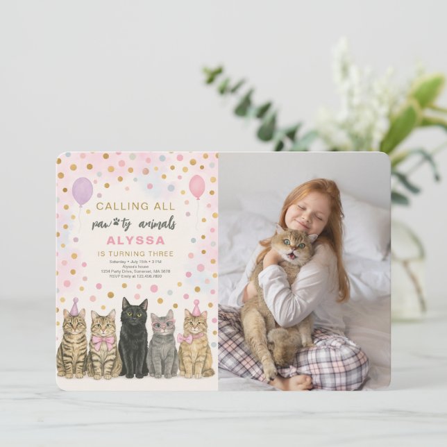 Calling All Paw-ty Animals Kitten Birthday Photo Invitation (Standing Front)