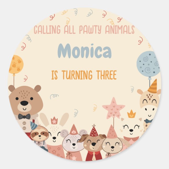 Calling all pawty animals birthday party classic round sticker (Front)