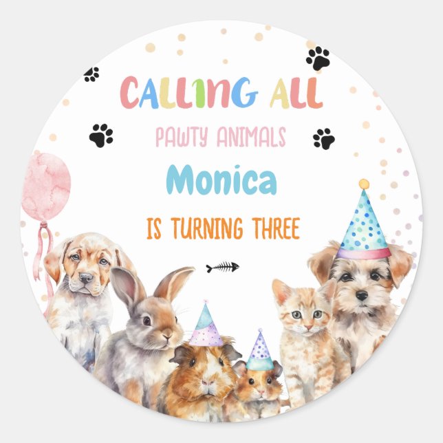 Calling all pawty animals birthday party classic round sticker (Front)