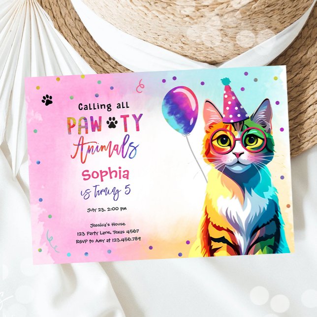 Calling All Pawty Animals Cat Kitten Girl Birthday Invitation (Creator Uploaded)