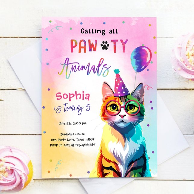 Calling All Pawty Animals Cat Kitten Girl Birthday Invitation (Creator Uploaded)
