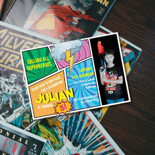 Calling all Superheroes Comic Book 5th Birthday Invitation
