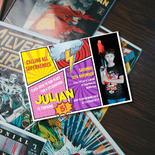 Calling all Superheroes Comic Book 5th Birthday Invitation