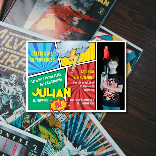 Calling all Superheroes Comic Book 5th Birthday Invitation (Creator Uploaded)