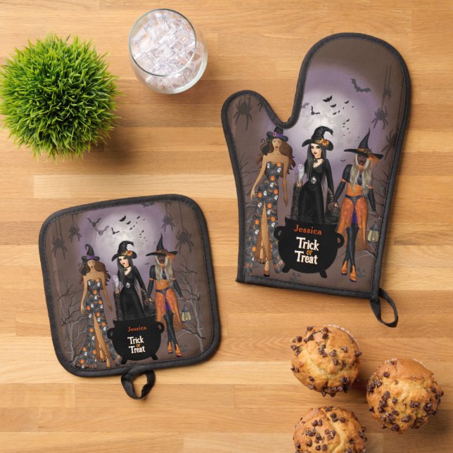 Calling All Witches Halloween Party 30Th Birthday Oven Mitt & Pot Holder Set (Top Down)