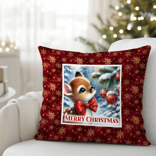 Calm Christmas scene baby fawn snowy forest kids Cushion