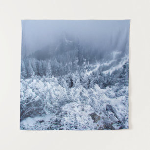 Calm foggy winter day on top of the mountains tapestry