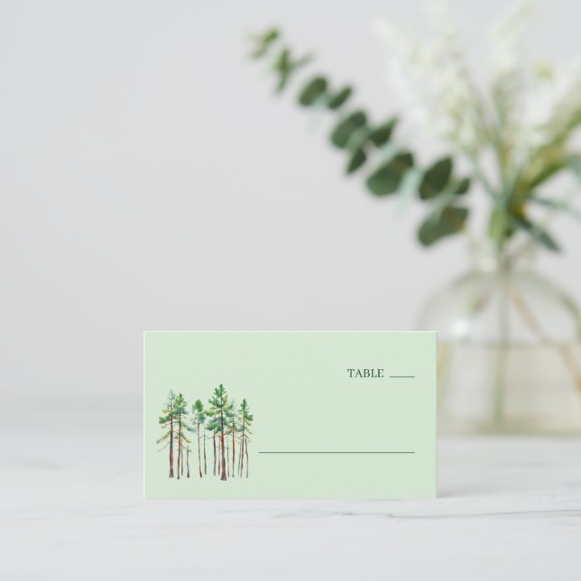 Calm Green Watercolor Pine Trees Place Card (Standing Front)