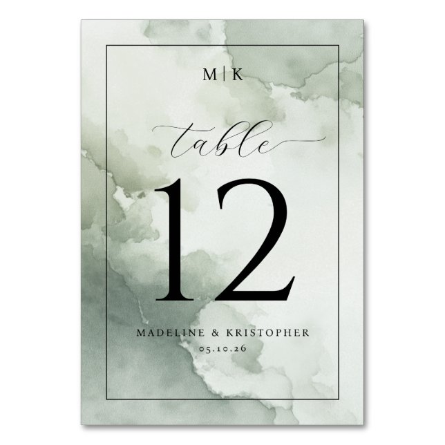 Calm Green Watercolor Table Number (Front)