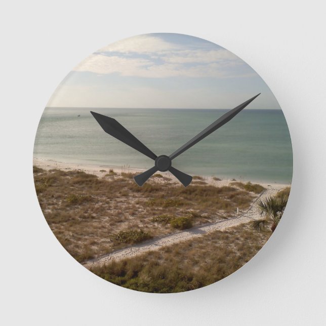 Calm Gulf Shoreline With Blue Sky Horizon Round Clock (Front)