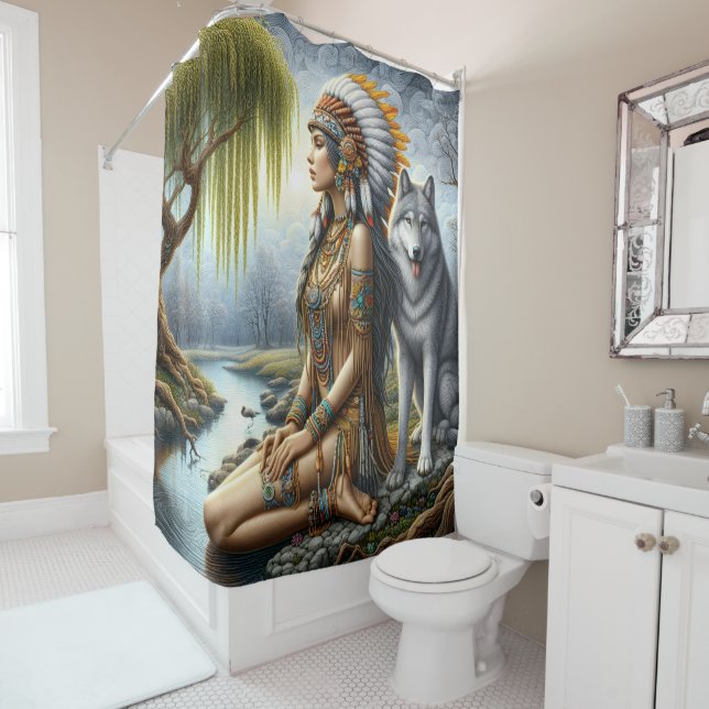 Calm Indian woman with wolf by river Shower Curtain (In Situ)