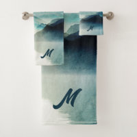 Calm Monogrammed Nature Watercolor Mountain Scene